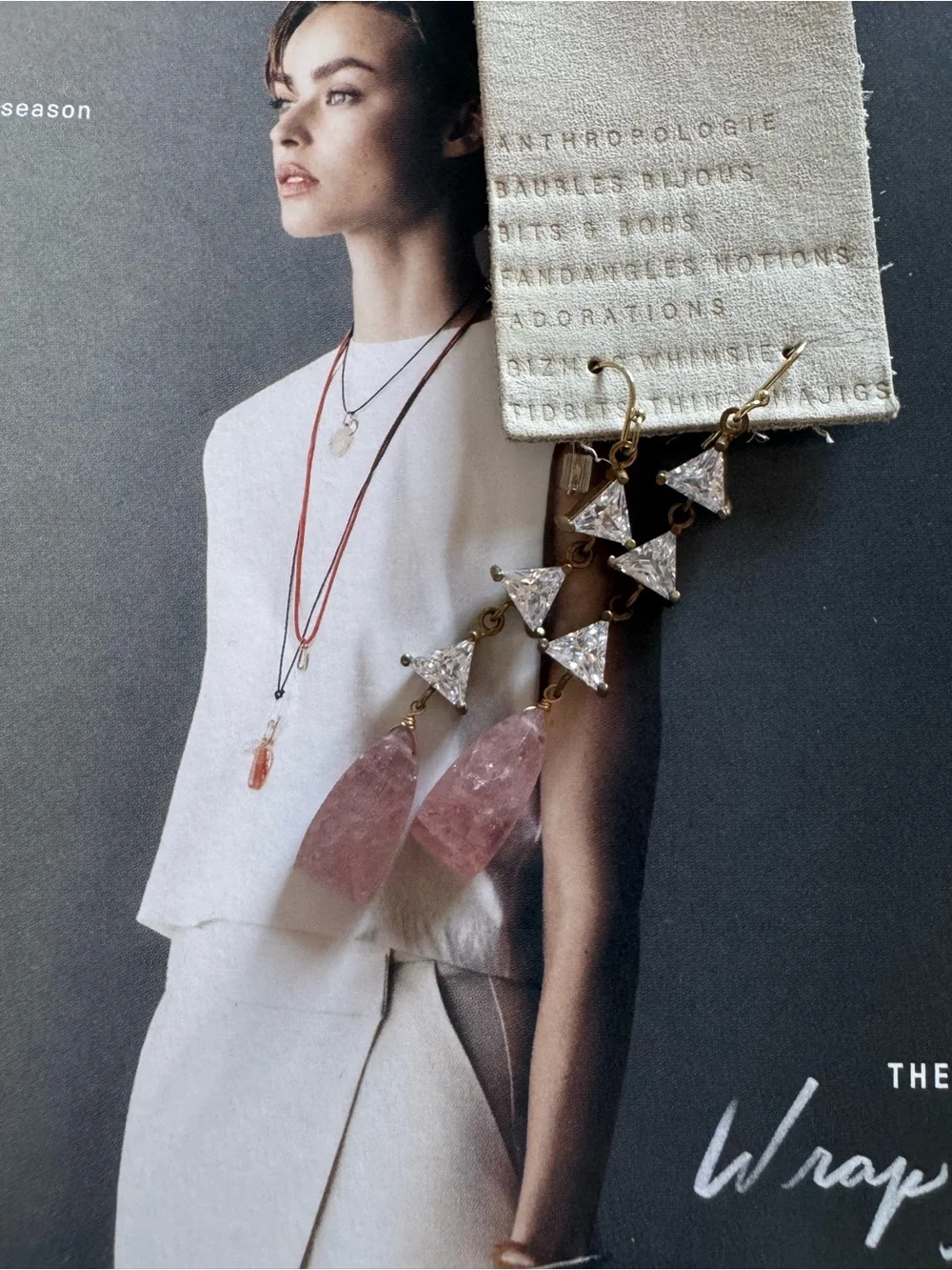 Anthropologie Gold-Tone Pink Crystal Triangular Drop Earrings